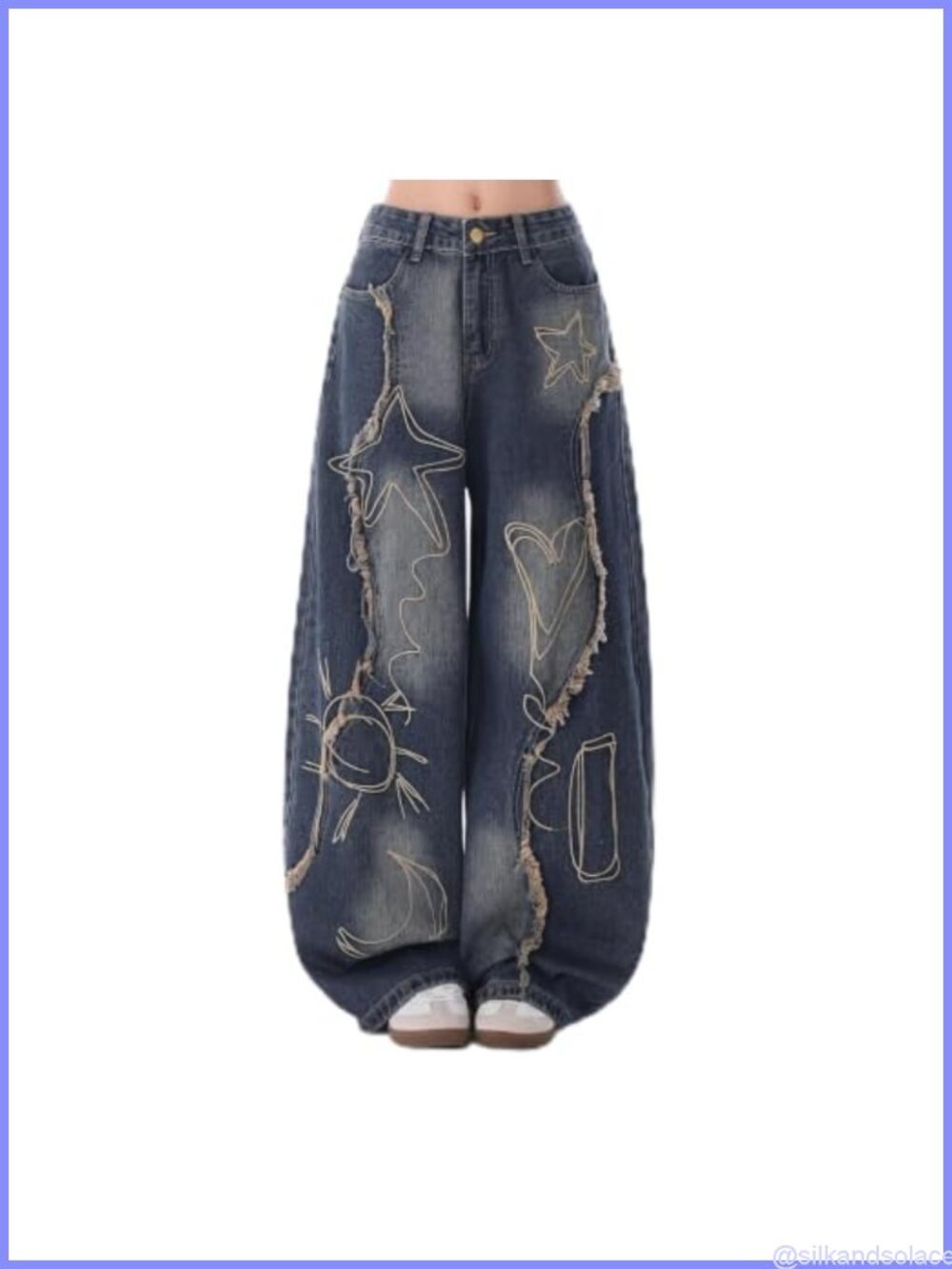 Embroidered Barrel Baggy Jeans Y2K Star Sun Heart Denim Wide Leg Low Rise